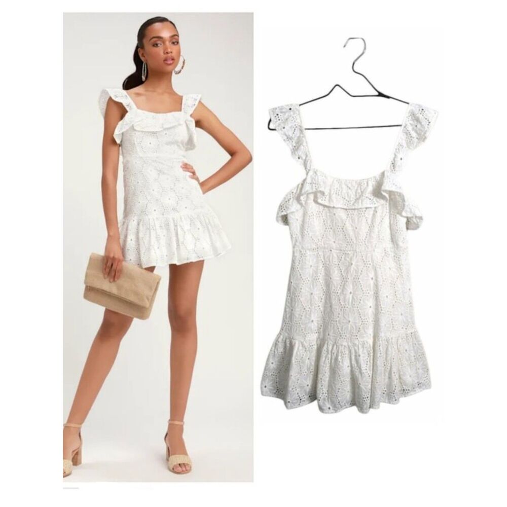 Lulus Biscay White Ruffled Eyelet Lace Mini Dress Size S Sleeveless Straps Beach